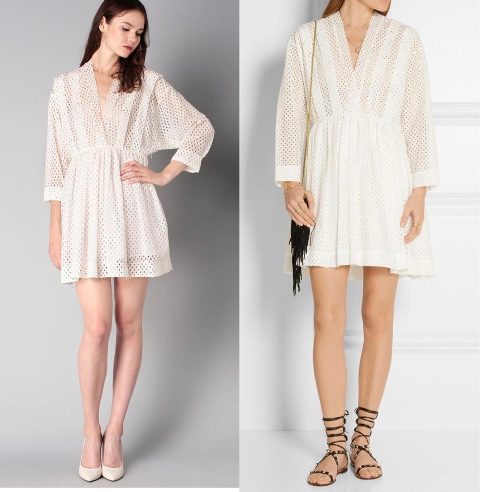 IRO Leonore Perforated Broderie Anglaise V Neck A-Line Long Sleeve Mini Dress